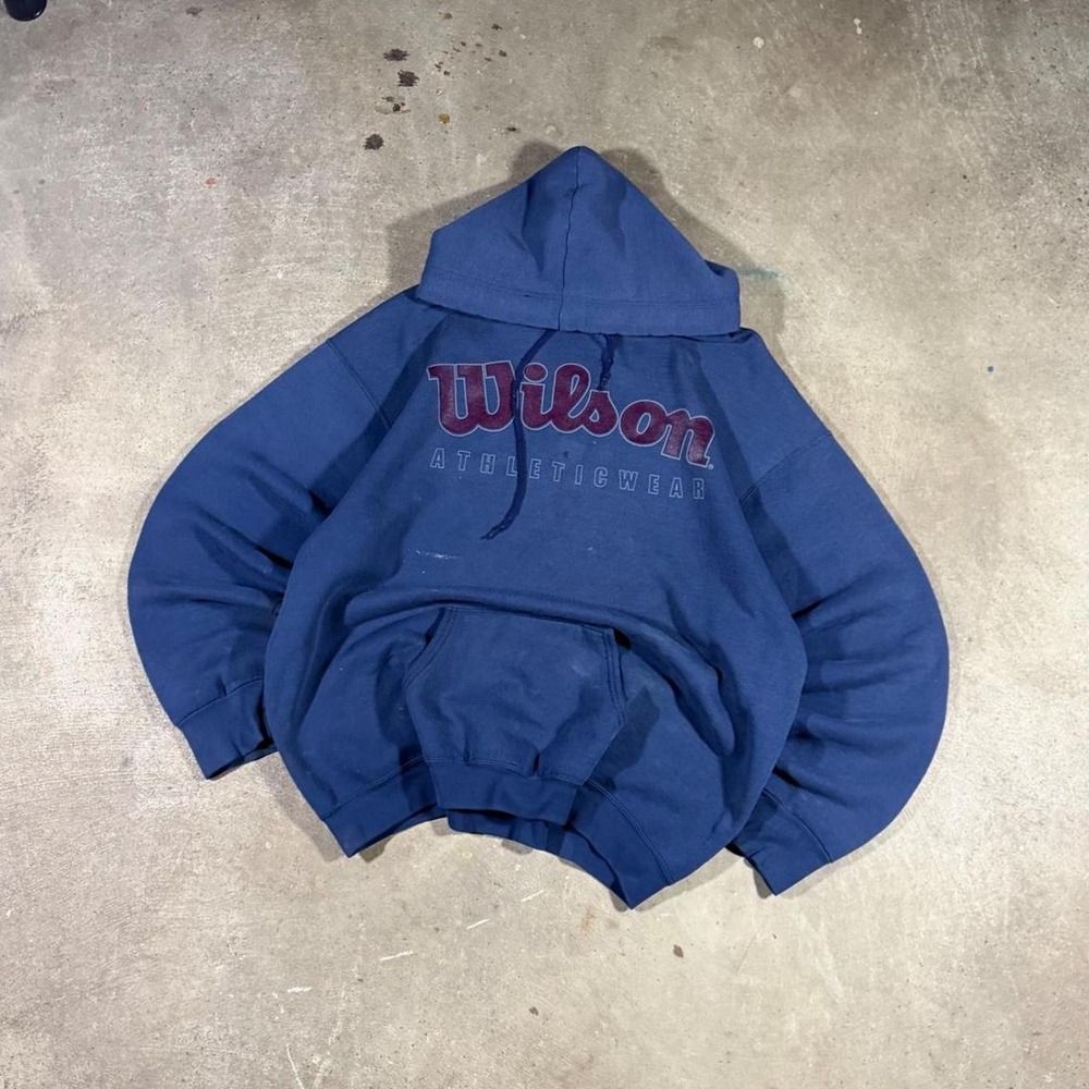 Vintage 90s Wilson Athletic Pullover Hoodie Navy Blue Red Logo Mens XL